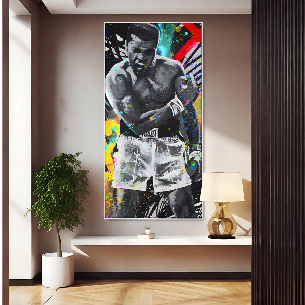 Tablou canvas cu tablou canvas cu muhammad ali in alb si negru, in rama de aluminiu argintiu